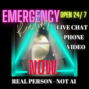Puede incluir: Un gráfico digital con las palabras "EMERGENCY Reading" en rosa y dorado, y "OPEN 24/7" en amarillo. La imagen incluye una luna, una ventana y las palabras "LIVE CHAT PHONE VIDEO NOW REAL PERSON - NOT AI" en blanco y rojo.