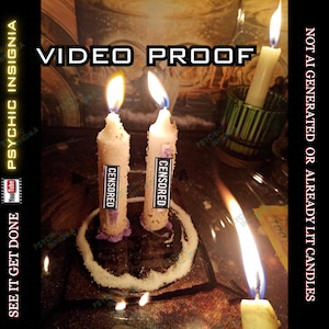 Könnte beinhalten: Brennende Kerzen mit Flammen, mit dem Text "VIDEO PROOF" und "NOT AI GENERATED OR ALREADY LIT CANDLES". Die Kerzen stehen auf einer dunklen Oberfläche, mit den Worten "PSYCHIC INSIGNIA" sichtbar.