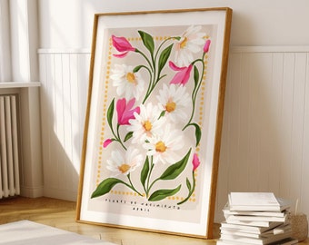 April Birth Month Flowers wall art. Floral Art print. Home Decor. Daisy Sweet Pea illustration, home gift, Gallery Wall, Gifts for her
