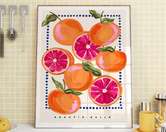 Vibrant Blood Orange Fruit Art Print - Modern Kitchen Decor, Colorful Spanish Aesthetic, Minimalist Wall Art. Perfect Home Gift