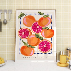 Vibrant Blood Orange Fruit Art Print - Modern Kitchen Decor, Colorful Spanish Aesthetic, Minimalist Wall Art. Perfect Home Gift