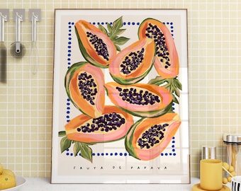 Papaya Fruit Art Print - Modern Kitchen Decor, Colorful Spanish Aesthetic, Oil painting Wall Art. Perfect Home Gift