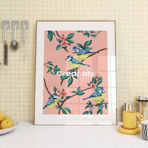 Quirky Home Decor Art Print. Blue Tit Wall Hanging, Body Positive Art. Fun Bathroom Aesthetic