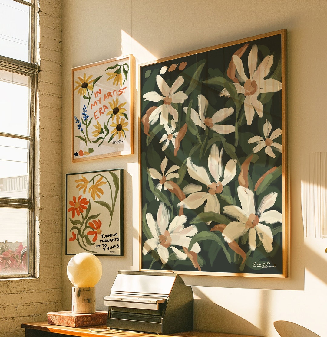 Daisy Oil Painting Art Print. Aesthetic Painting Wall Decor. Mid