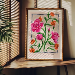 June Birth Month Floral Art Print. Aesthetic Unique Home Decor. Rose & Honeysuckle illustration, Modern painting, Gallery Wall, Gift for her