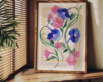 September Birth Month Flower Art Print- Aesthetic Unique decor. Morning Glory and Aster floral, Modern painting, Gallery Wall, Gift for her