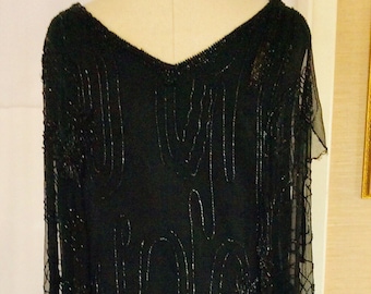 Antique 20s Dress Silk Beaded Art Deco Black  M/L