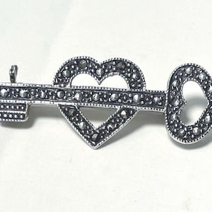 Vintage Brooch Marcasite Sterling Silver Key with Heart Valentines Day Gift