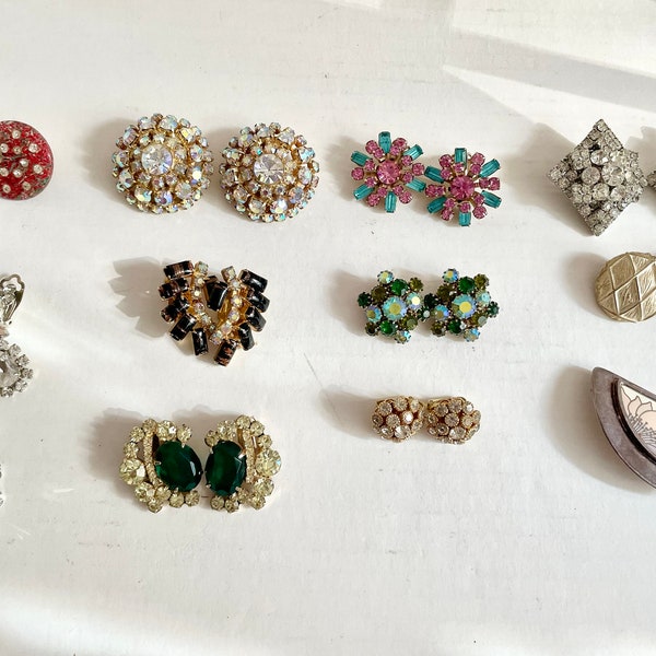 Vintage 40s 50s Earrings Clip Rhinestones Choice of 12 pr