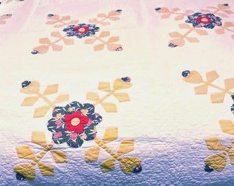 Antique 10s 20s Quilt Hand Appliqué Cotton Queen