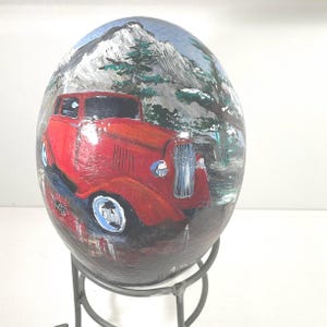Vintage 90s Hand Painted Ostrich Egg 1936 Plymouth Coupe Home Decor