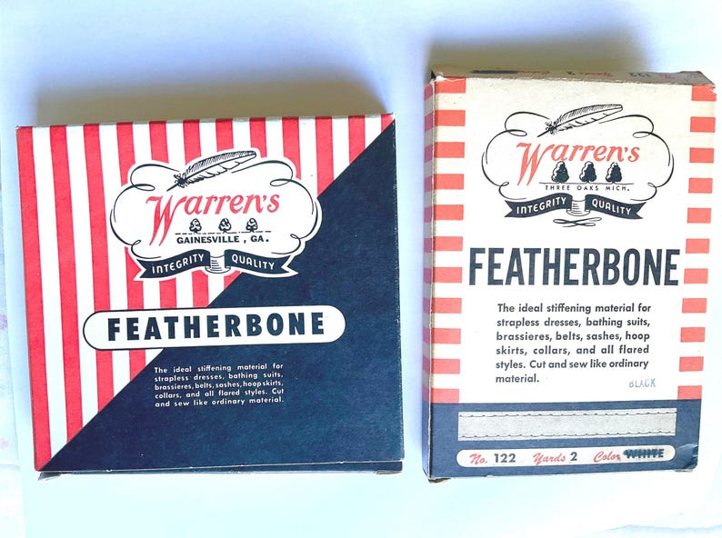 May include: Two boxes of Warren's Featherbone stiffening material. The boxes are red and white striped with black lettering. The text on the boxes reads "Warren's Featherbone" and "The ideal stiffening material for strapless dresses, bathing suits, brassieres, belts, sashes, hoop skirts, collars, and all flared styles. Cut and sew like ordinary material."