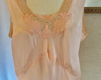 Antique 20s 30s Nightgown Silk Bias Pink Peach M