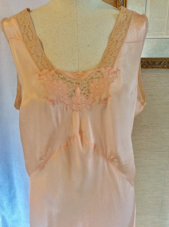Antique 20s 30s Nightgown Silk Bias Pink Peach M
