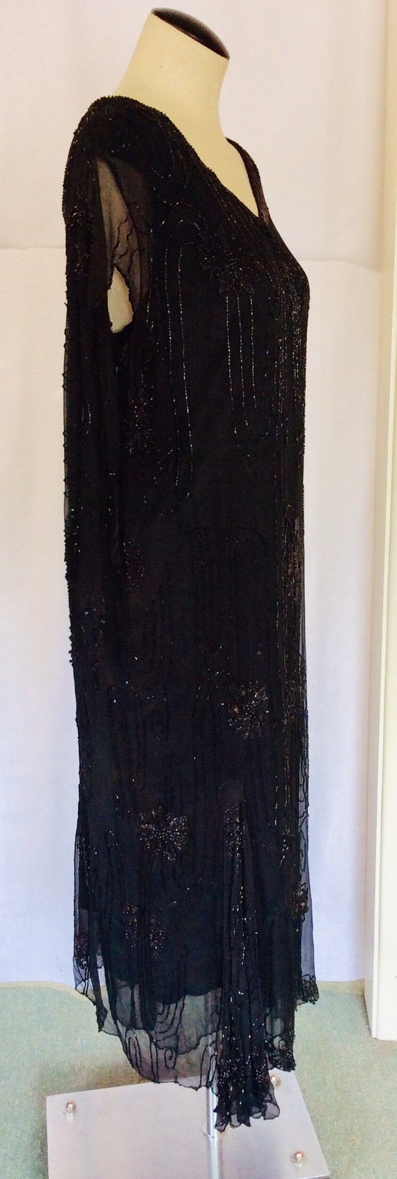 Antique 20s Dress Silk Beaded Art Deco Black  M/L - image 2