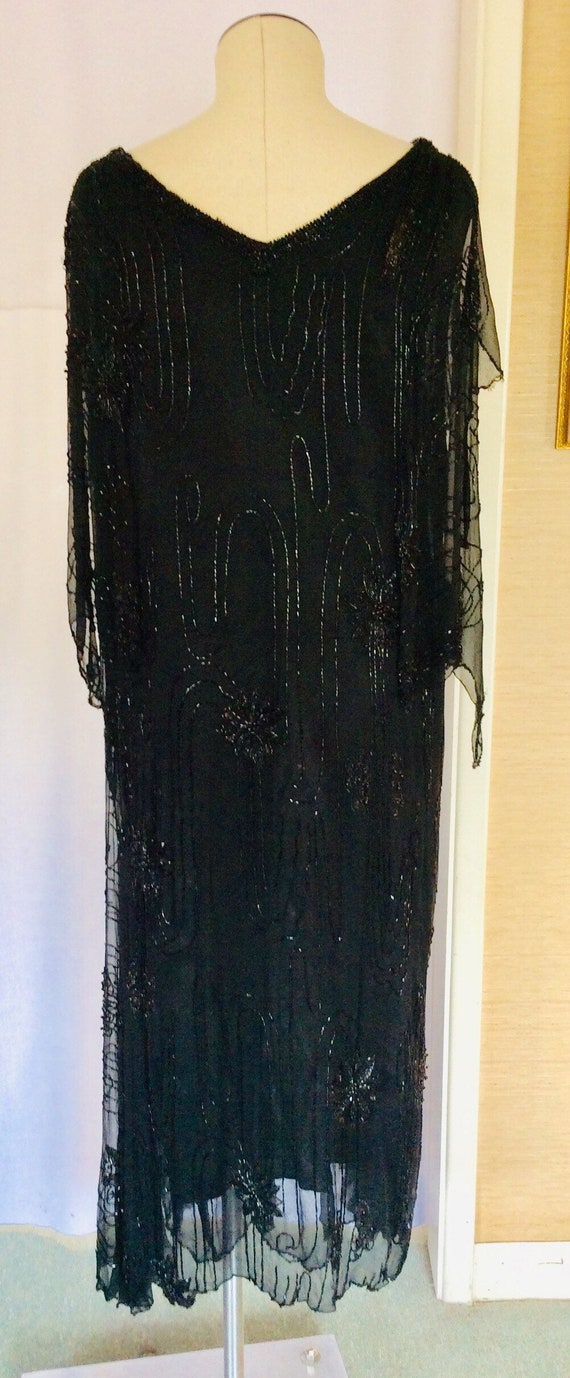 Antique 20s Dress Silk Beaded Art Deco Black  M/L - image 1