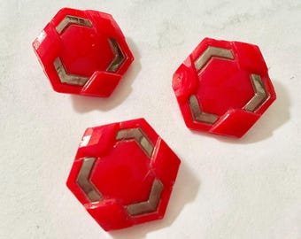 Antique 1900 20s Red Silver Glass Buttons Art Deco Set of 3