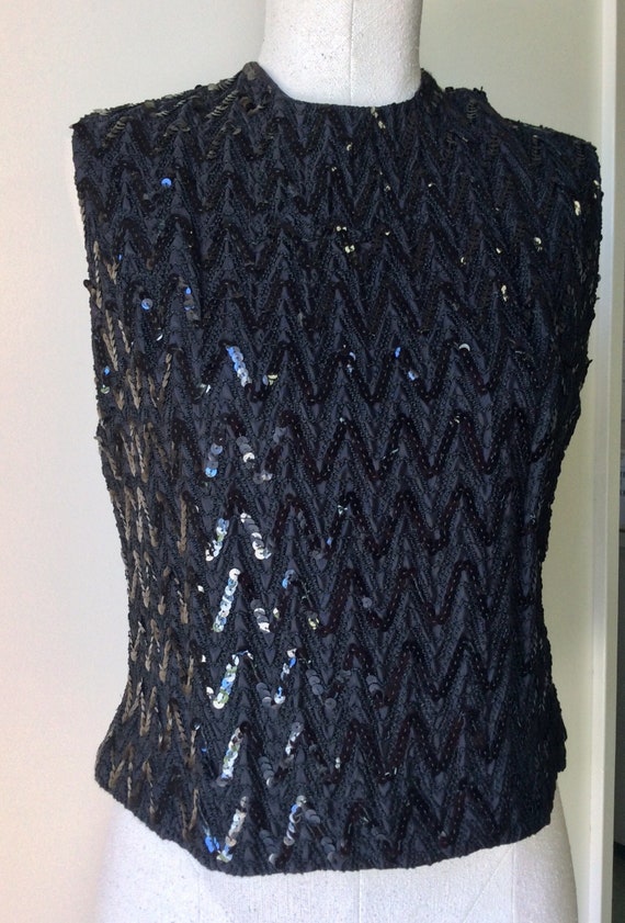 Vintage 50s Top Sequin Evening Sleeveless Black S