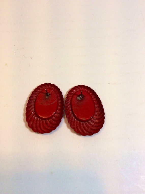 Vintage 40s Earrings Red Oval Pierced - image 2