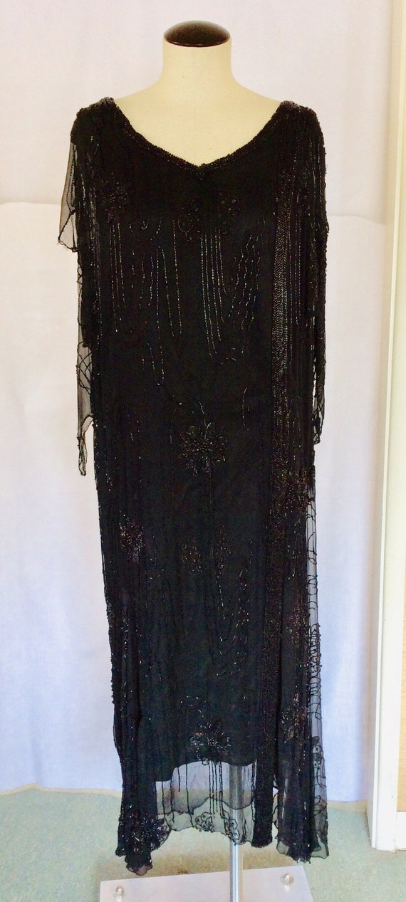 Antique 20s Dress Silk Beaded Art Deco Black  M/L - image 3