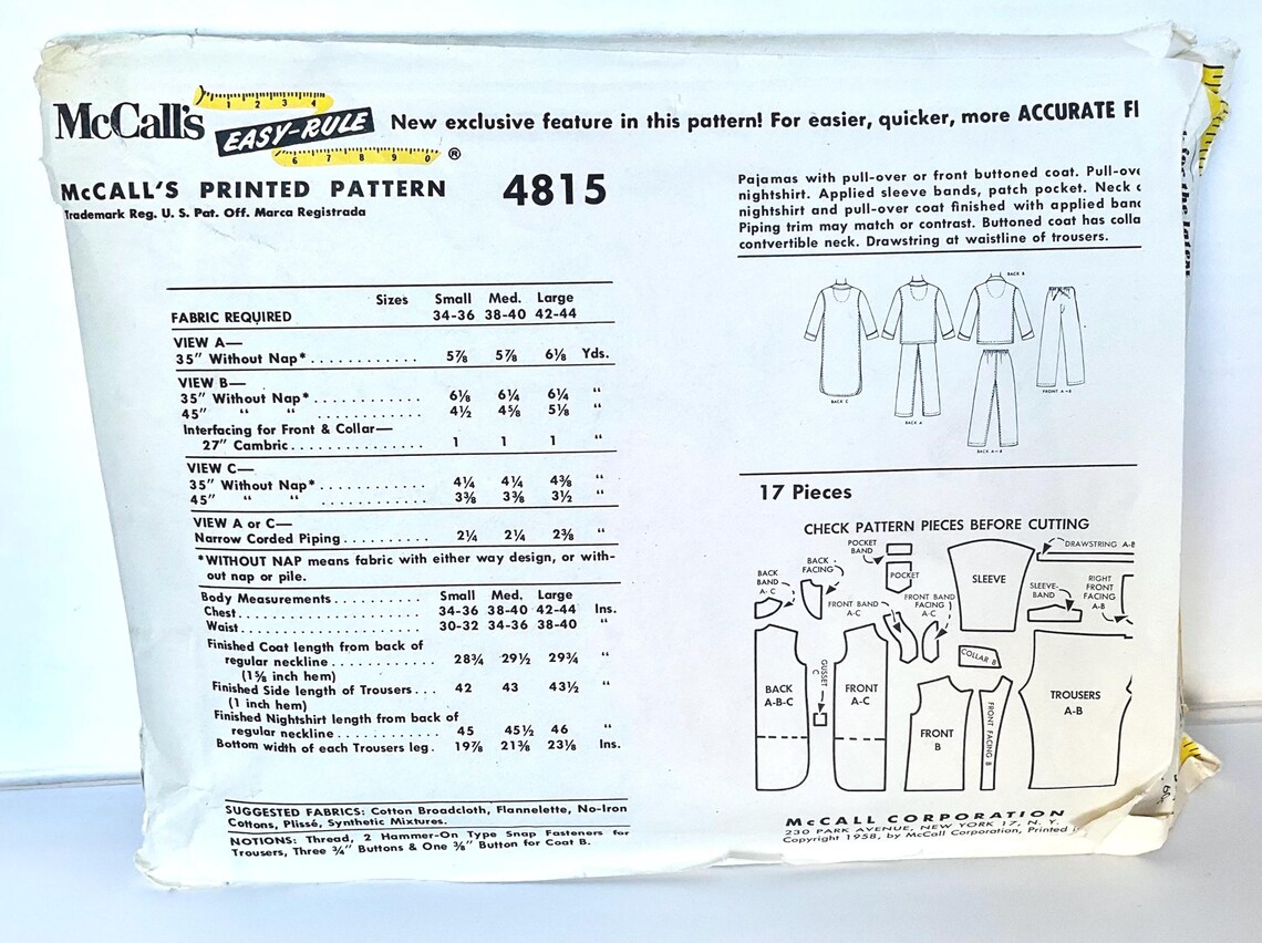 Vintage 50s Mccalls Pattern 4815 Mens Pajamas Size L - Etsy