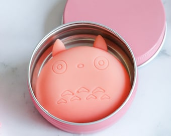 Kawaii Solid Lotion Butter Bar in Ecofriendly Travel Tin | Cute Pink Cat or Golden Bear | Natural Skincare Moisturizer