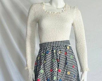 Vintage 70s Denise Are Here! Ribbed Mini dress belt Seersucker Black Gingham Embroidered Flower Long sleeve Short skirt Small size 11 12