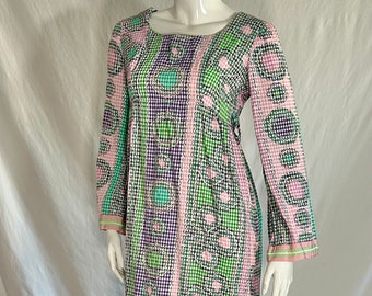 Groovy Vintage 1970s Flower Power Gingham Seersucker cotton Summer Maxi dress Empire waist Retro Daisy Clover long sleeve Homemade S XS