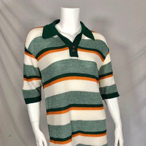 Vintage 70s Alps Knit Collared Sweater shirt Emerald green Burnt Orange White horizontal stripe Stretchy ribbed Quarter sleeve Tall XL