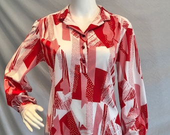 Vintage 60s She's A Lady retro Red White Women's Medium Collared Blouse Polka Dot Stripe Abstract Polyester Peasant sleeve Geometric Pattern