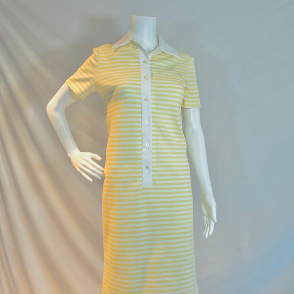 Preppy Vintage 80s Sports Editions by Center Stage Yellow White Horizontal Stripe Collared Dress Golf Tennis Outfit Women's Size 8 Polyester