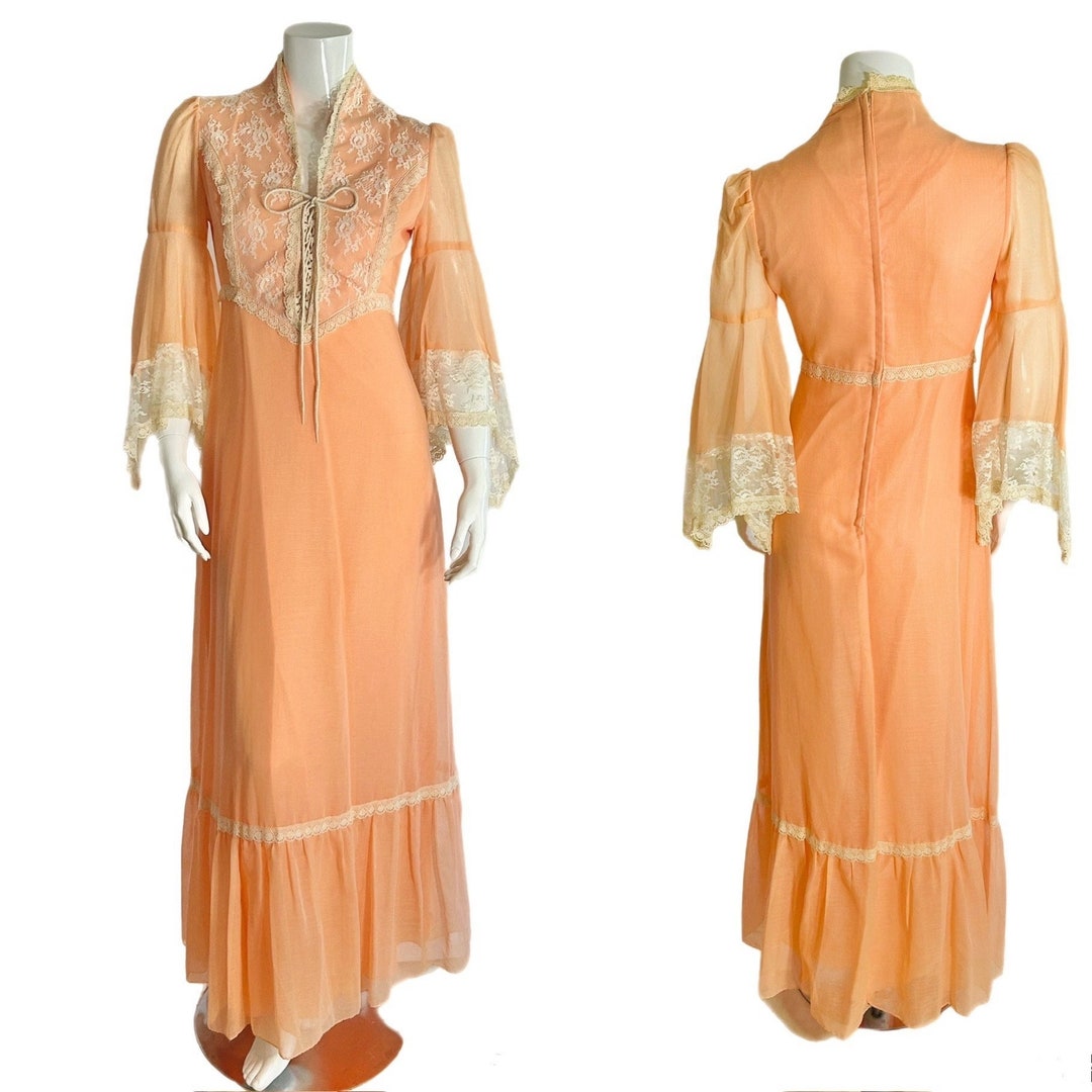 Vintage 60s Peach Pink Renaissance Gown Lace Bell Sleeve Gunne Sax Maxi ...