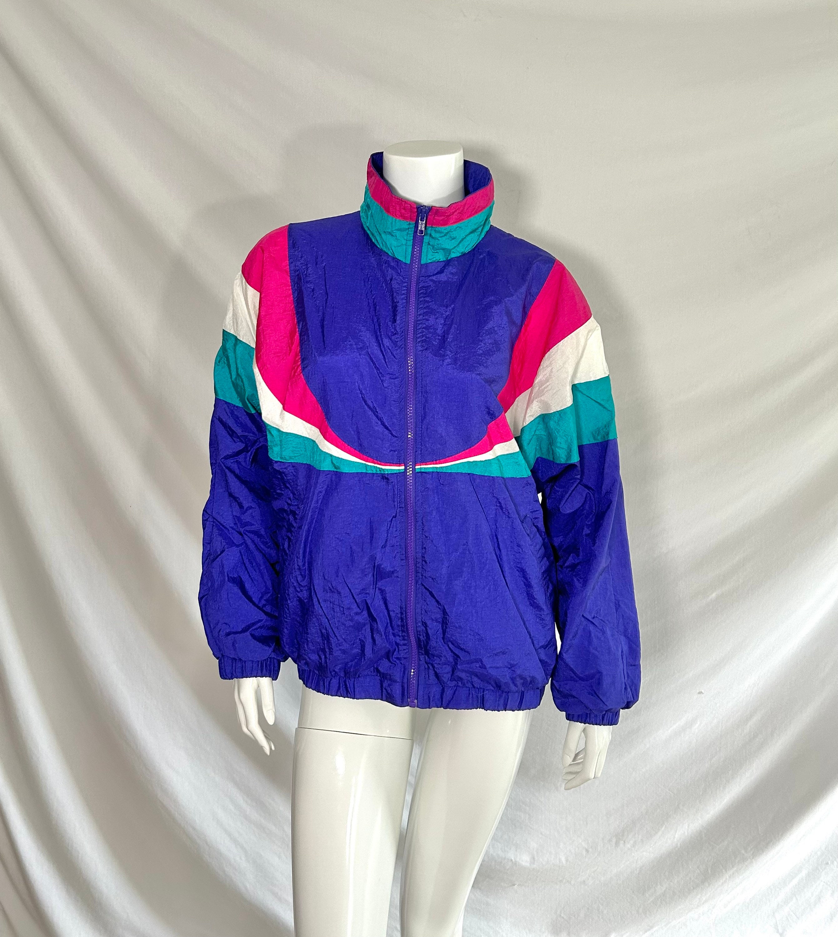 Vintage REEBOK Watercolor Windbreaker Jacket Medium Neon Colors Blue Pink  Purple