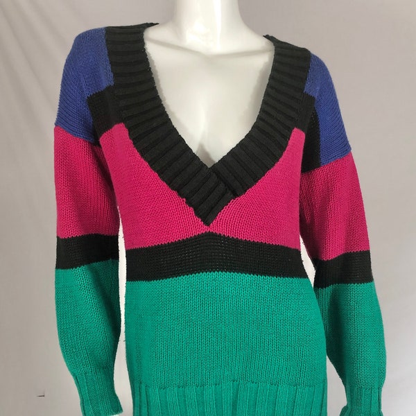 Vintage 80s 90s Stefano World Wide Women's Deep V Neck Knit Sweater Pink Green Blue Stripe Shoulder Pad Small