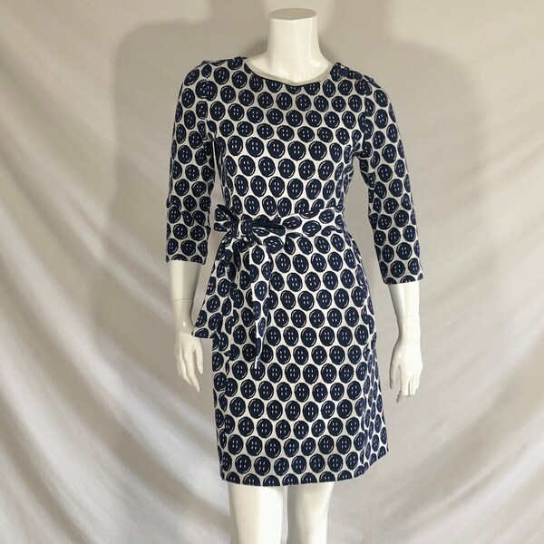 Lilly Pulitzer 2012 Collection Jonah Ponte Knit Dress Poly Cotton Stretchy Navy Blue White Button Pattern with belt Polka dot Pocket Small