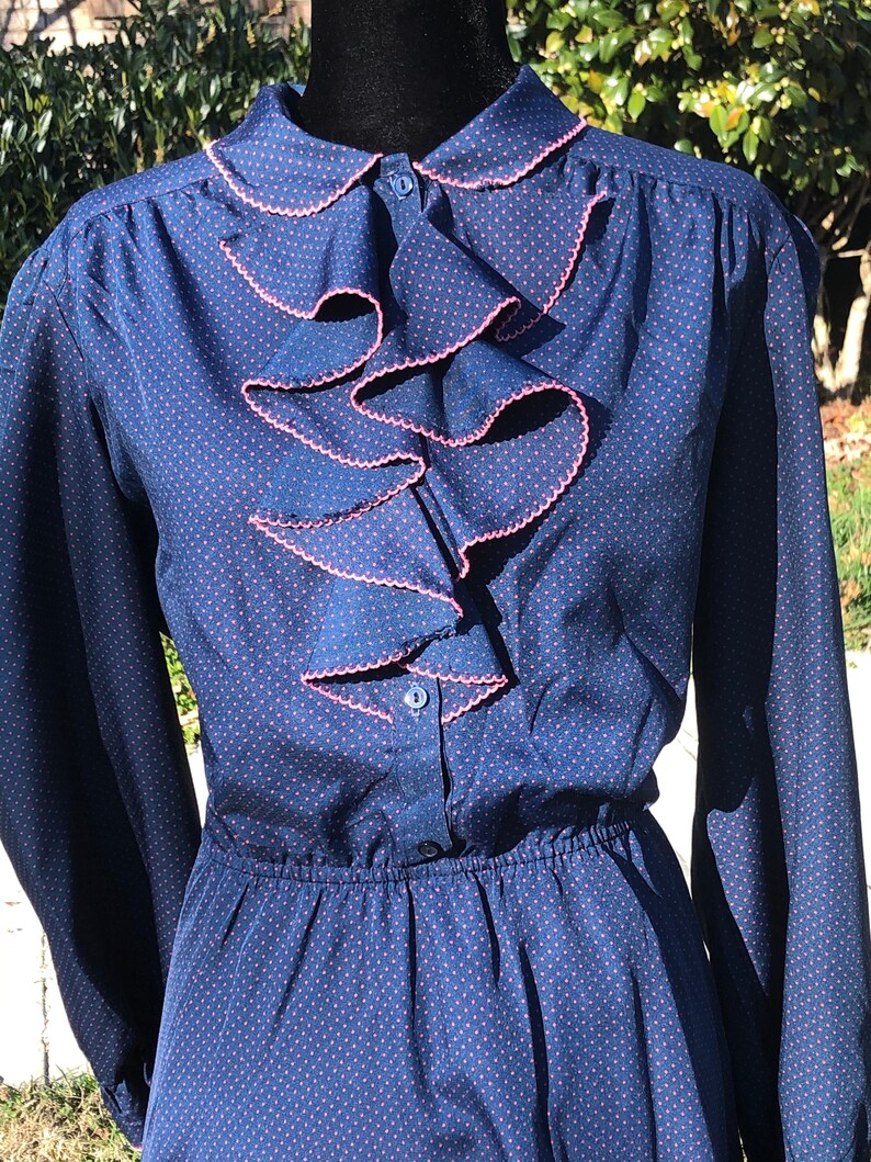 Vintage 60s 70s Neiman Marcus Grace Tone Fashions Ruffle Collar Navy Blue with Pink Polka dots Womens Long sleeve Dress Polyester MOD