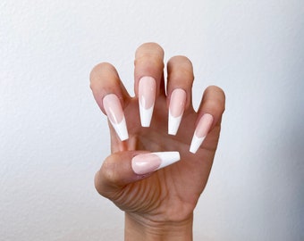 pic Long Coffin Shaped French Tip Nails french tip nails etsy