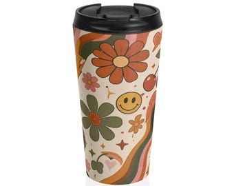 Taza de viaje retro de los años 70 con estampado floral y carita sonriente / Diseño disco vintage