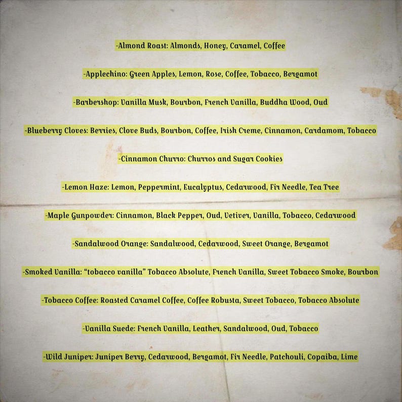 Może przedstawiać: Lista profili zapachowych wydrukowana na papierze w kolorze złamanej bieli. Tekst zawiera Almond Roast, Applechino, Barbershop, Blueberry Cloves, Cinnamon Churro, Lemon Haze, Maple Gunpowder, Sandalwood Orange, Smoked Vanilla, Tobacco Coffee, Vanilla Suede oraz Wild Juniper.