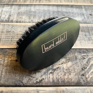 Natural Boar Bristle Brush - Beard Addict Engraved in Gold - Travel Beard Brush - Black Soft Firm Bristles - Bamboo & Sandalwood - 4” x 2”