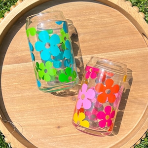 Flower Power 16 oz Beer Can Glass | Groovy 70&#39;s Aesthetic | Summer Drinkware | Retro Florals | Boho Flowers | Iced Coffee Cup | Gift for Her