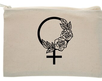 Floral feministisches weibliches Symbol | Starke Frauen-Kollektion | Benutzerdefinierte Leinwandtasche | Schminktasche