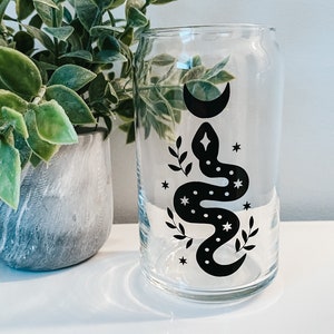 Mystical Serpent 16 oz & 20 oz Beer Can Glass | With Bamboo Lid | Iced Coffee Cup | The Mystical Collection | Celestial Gift | Witchy Vibes