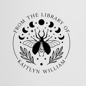 Moth and Moon Book Stamp Personalized | From the Library of Stamp | Rubber Stamp or Self Inking Stamp | Design: STL071