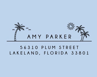 Palm Tree Return Address Stamp Self Inking, Custom Address Stamp Tree, Rubber Address Stamp, 1 x 2.5 inches, Design: STA021