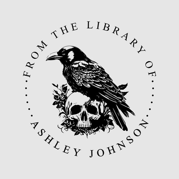 Horror Book Stamp Personalized | Raven on Skull Library Stamp Custom | Rubber Stamp or Self Inking Stamp | Design: STL109