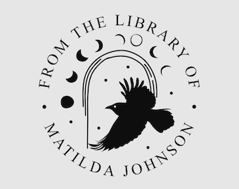 May include: Black and white illustration of a raven flying through a crescent moon archway. The text "From the Library of Matilda Johnson" surrounds the image.