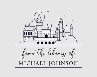 Zauberbuch Stempel Personalisiert | Schloss aus der Bibliothek von Stempel | Ex Libris Stempel | Stempel oder Selbstfarbwerk | Design: STL064