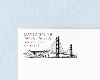 Golden Gate Bridge Return Address Stamp | San Francisco Address Stamp | Rubber Stamp or Self Inking Stamp | 1 x 2 inches | Design: STA066