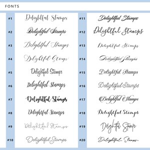 May include: A chart of 20 different font styles for the phrase "Delightful Stamps". Each font style is numbered 1 through 20.